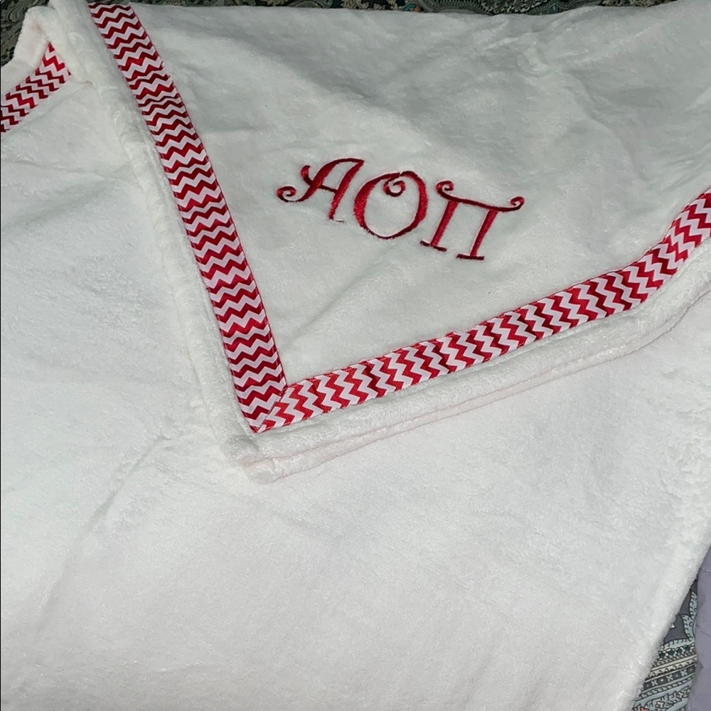 Alpha Omicron Pi Sorority White Blanket with Red Chevron Trim